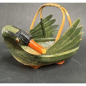 Vintage Wicker Duck Basket-Hand-Painted Bamboo Small Lifelike Wings VTG Folk Art